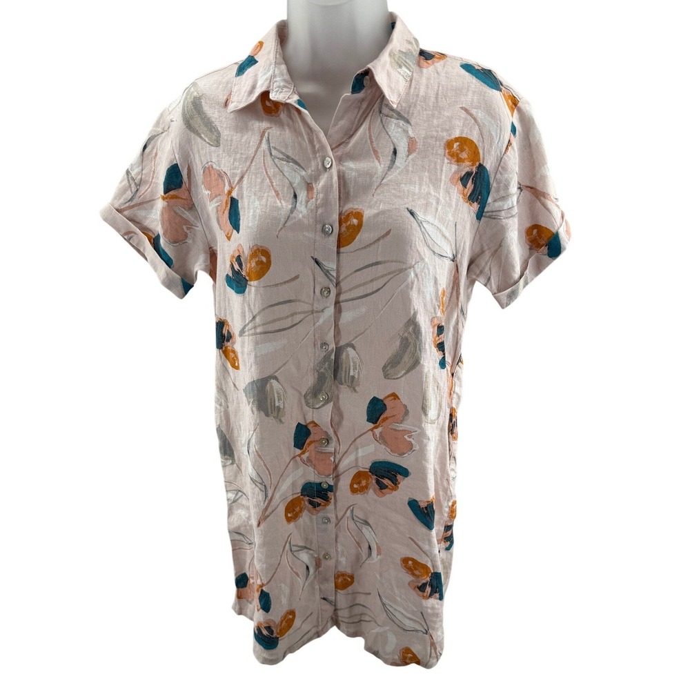 Rachel Zoe Womens Floral 100% Linen Short Sleeve Cover Up Shirt Dress XS